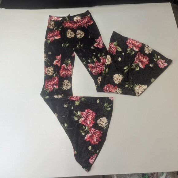 Hershe Boutique Size Small Crushed Velvet Flare Legged Pants Navy Floral - Picture 1 of 11